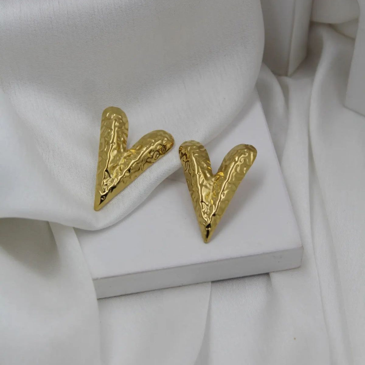 18K Gold Plated Textured V Statement Earrings