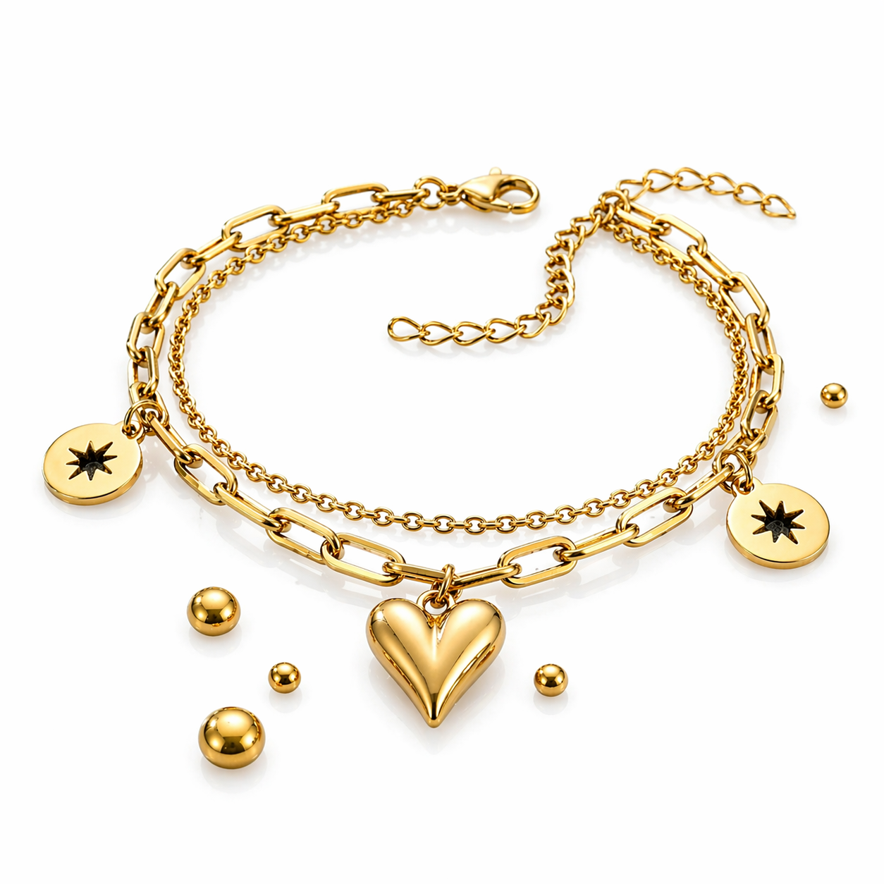Heart & Star Charms Layered Chain Bracelet