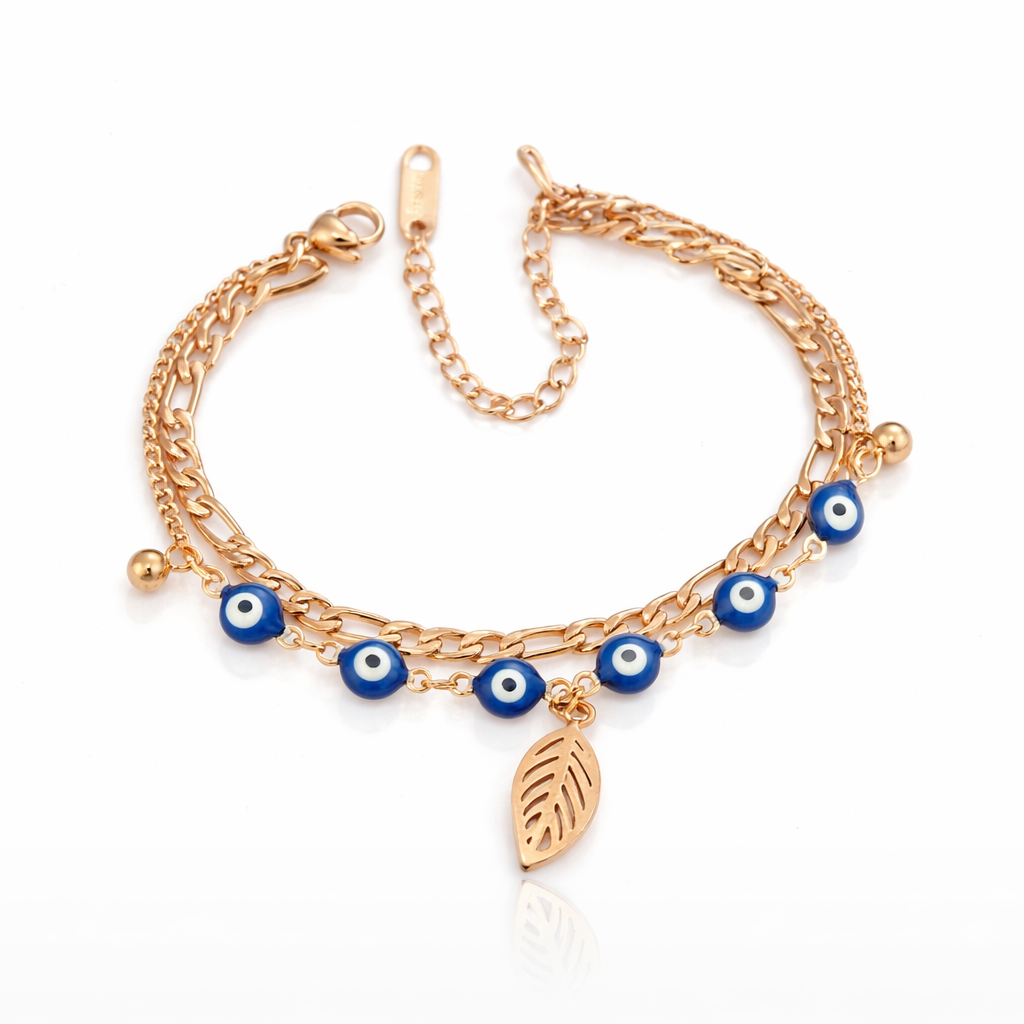 Evil Eye Leaf Charm Rose Gold Bracelet & Anklet