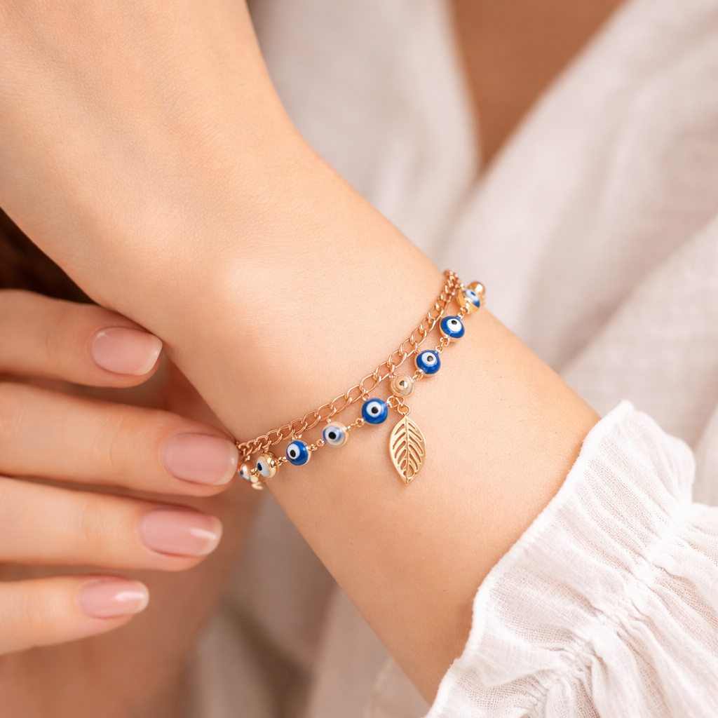 Evil Eye Leaf Charm Rose Gold Bracelet & Anklet