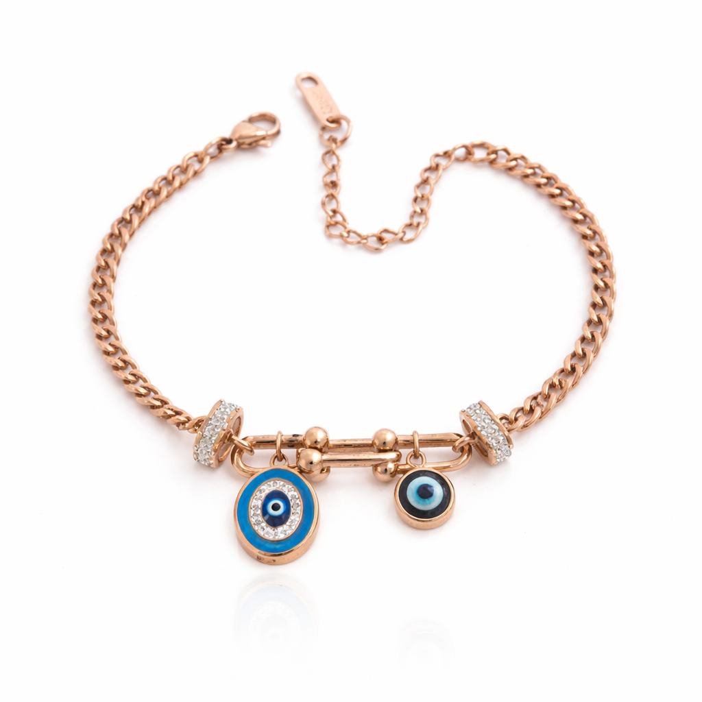 Rose gold anklet  & Bracelet with evil eye charms