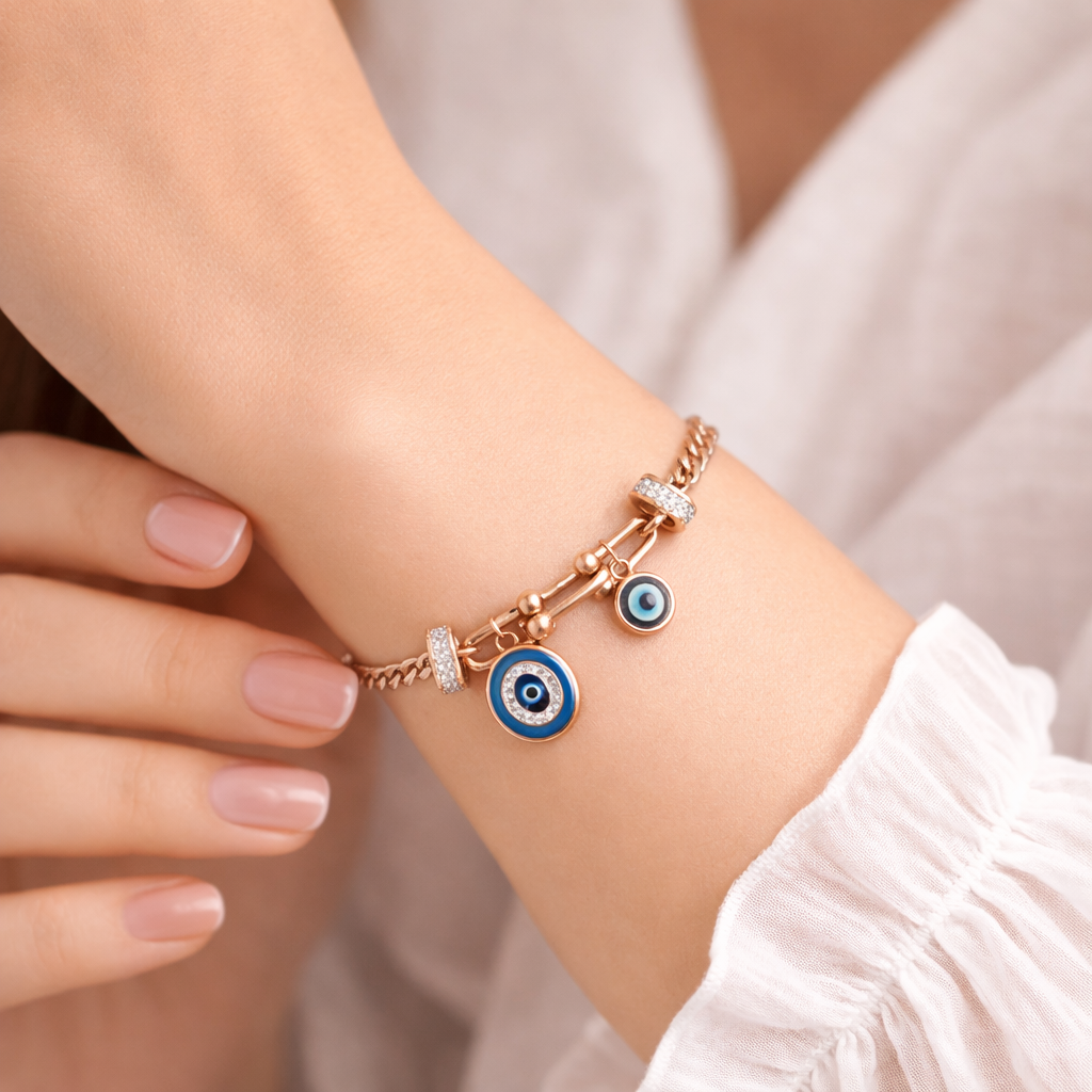 Rose gold anklet  & Bracelet with evil eye charms