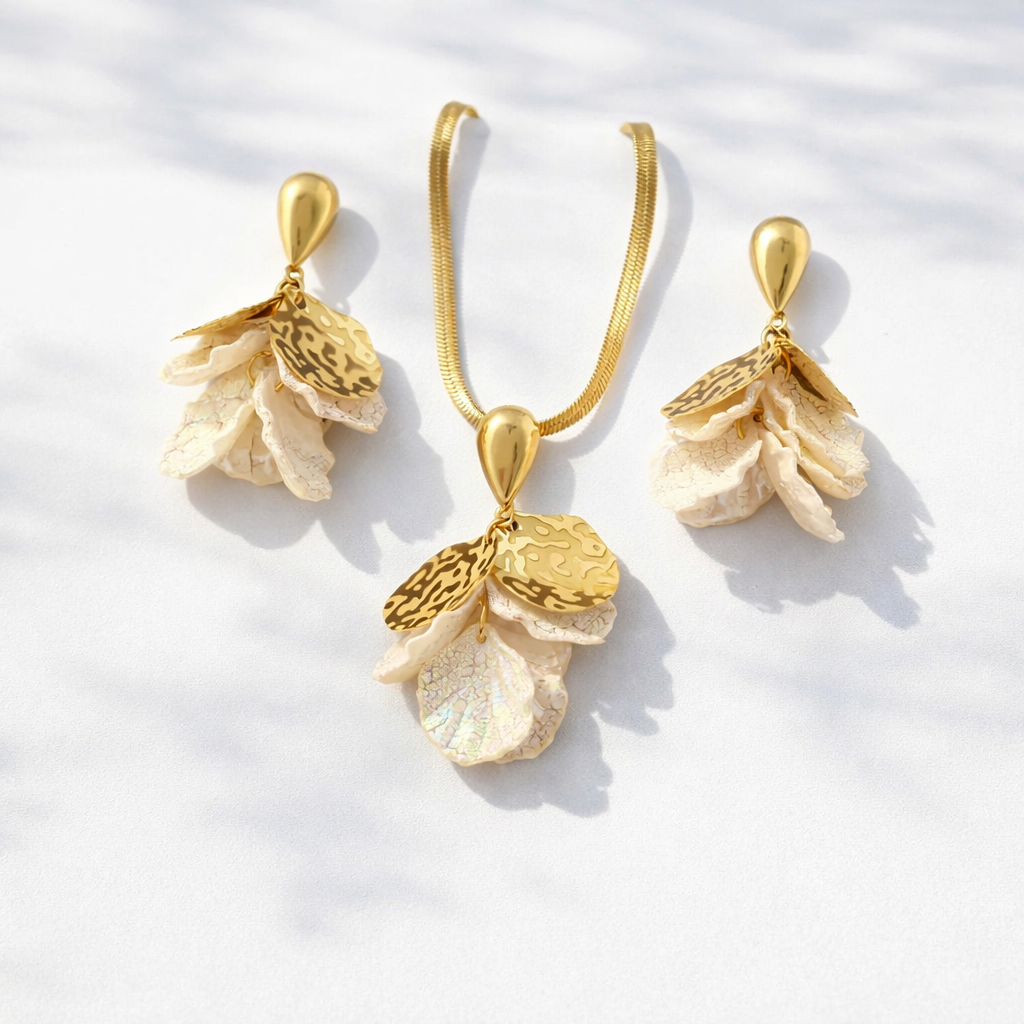 Golden Petal Drop Earrings & Pendent set