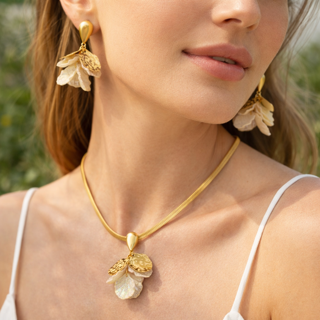 Golden Petal Drop Earrings & Pendent set