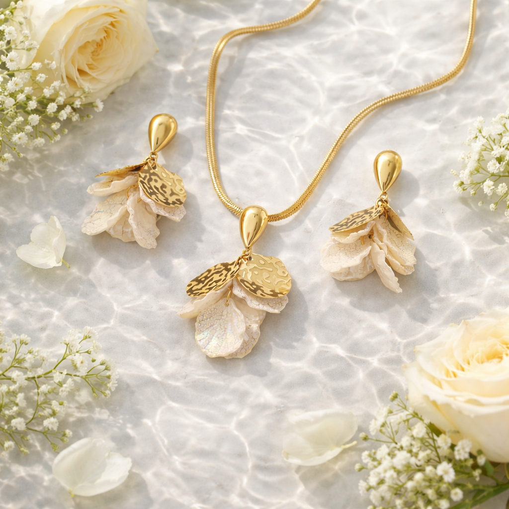 Golden Petal Drop Earrings & Pendent set