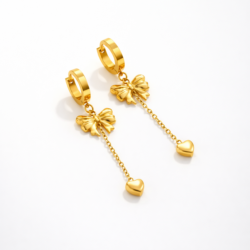 Golden Bow & Heart Drop Earrings