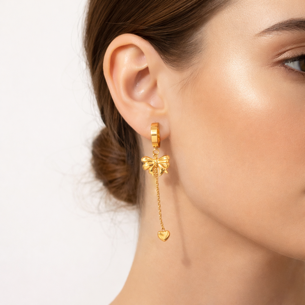 Golden Bow & Heart Drop Earrings