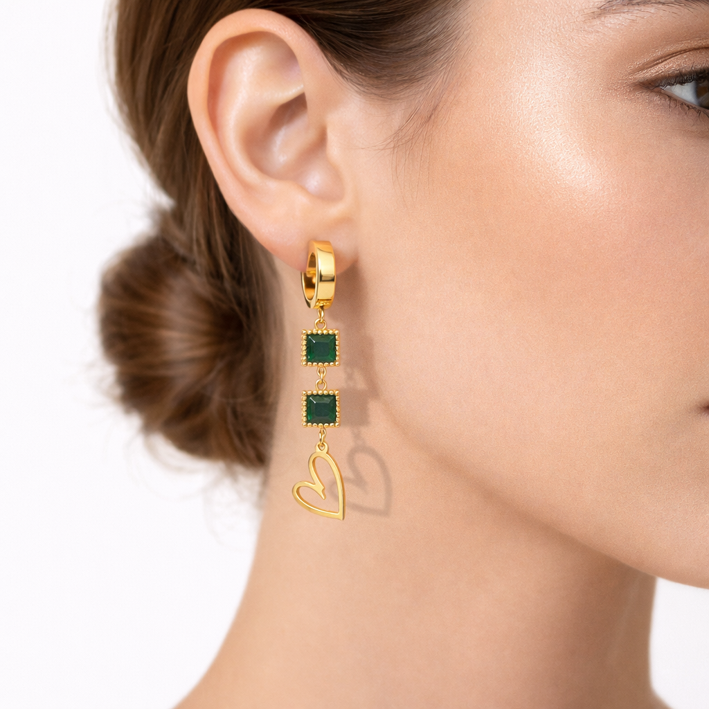 Royal Green Stone Heart Drops Earrings