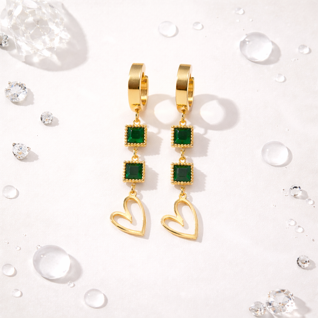 Royal Green Stone Heart Drops Earrings