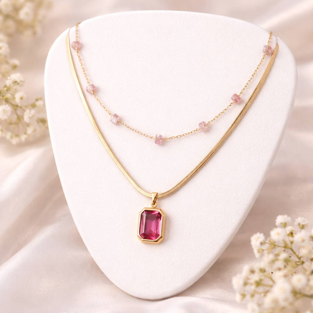 18K Gold Plated Dual-Layer Pink Gemstone Pendant