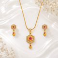 Floral Hexagon Pendant Set with Ruby Accent