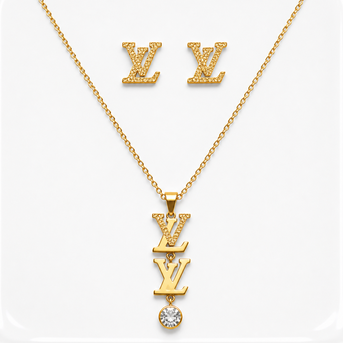 Minimal LV Pendant Necklace with Crystal Drop