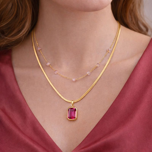 18K Gold Plated Dual-Layer Pink Gemstone Pendant
