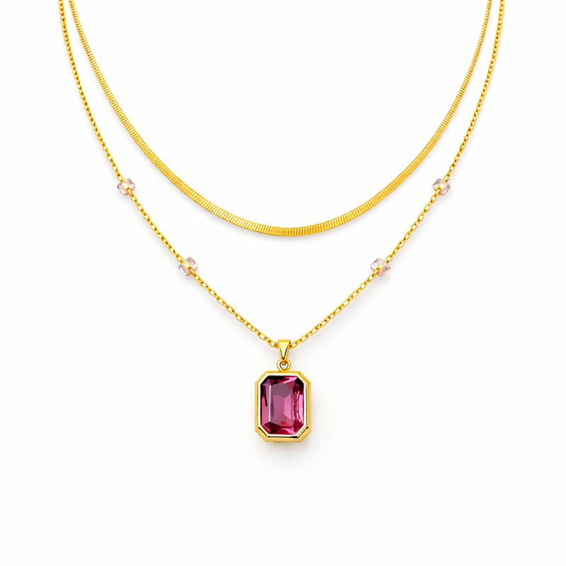 18K Gold Plated Dual-Layer Pink Gemstone Pendant