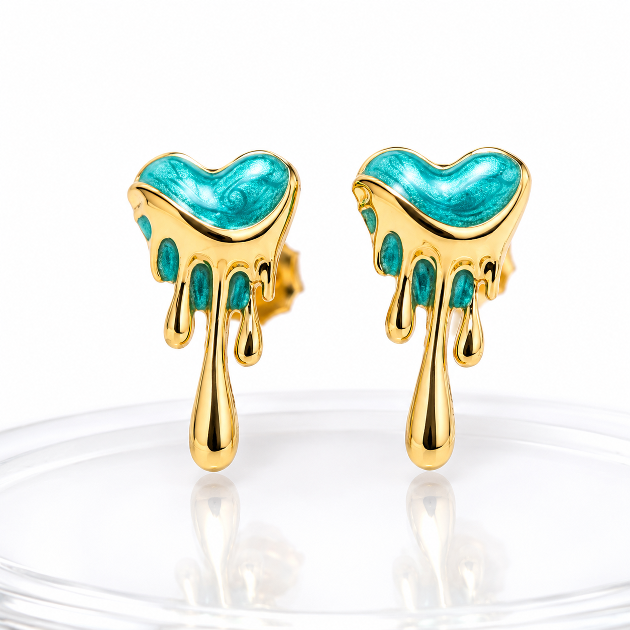 Turquoise Enamel Melted Heart Statement Earrings