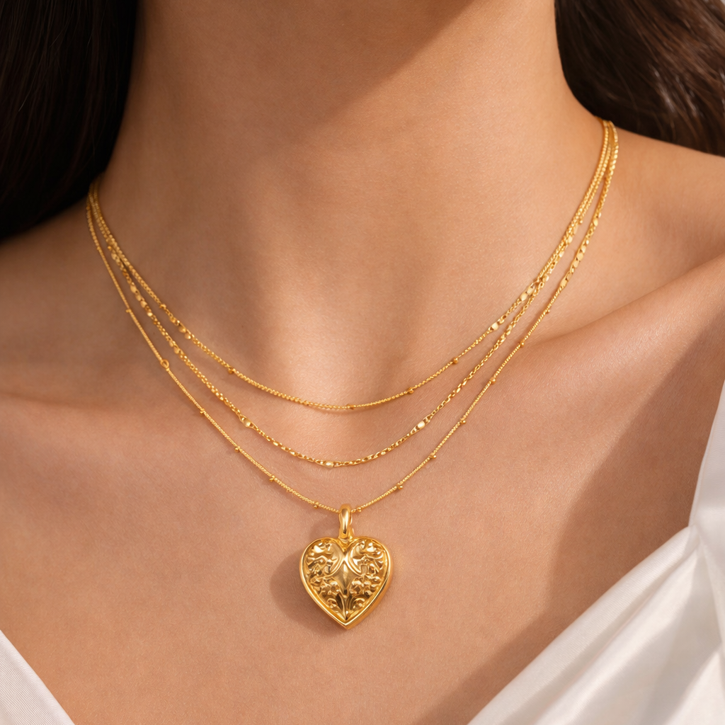 18K Gold Plated Layered Heart Pendant Necklace