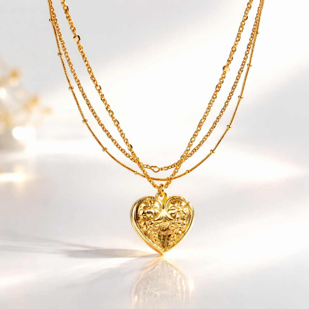 18K Gold Plated Layered Heart Pendant Necklace