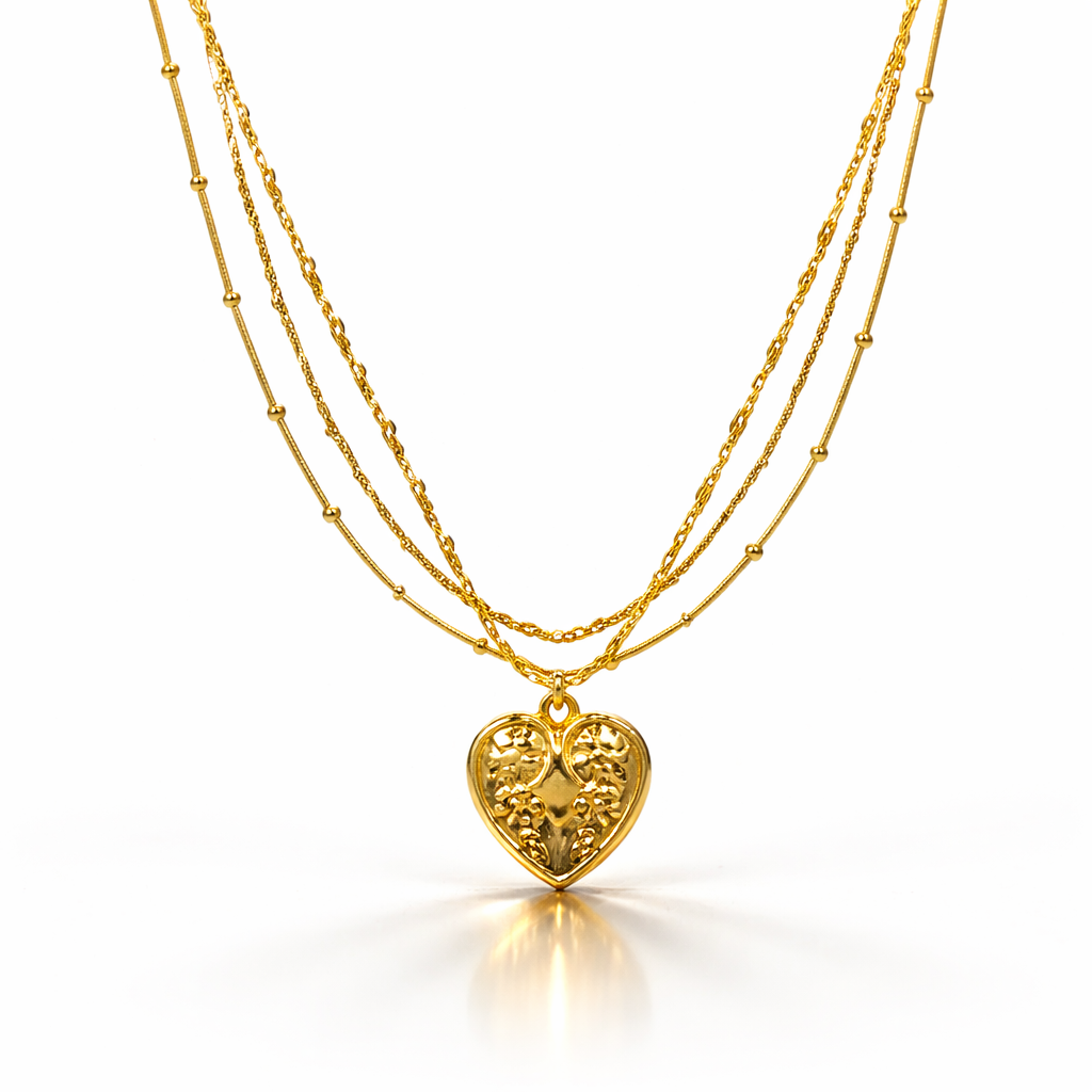 18K Gold Plated Layered Heart Pendant Necklace