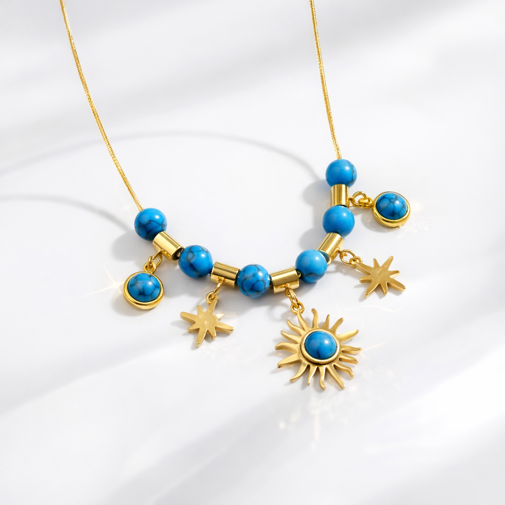 18K Gold Plated Turquoise Sun & Star Charm Necklace