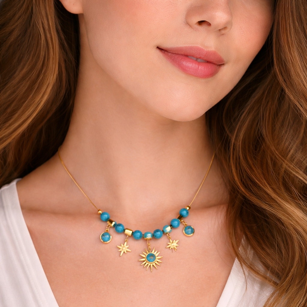 18K Gold Plated Turquoise Sun & Star Charm Necklace