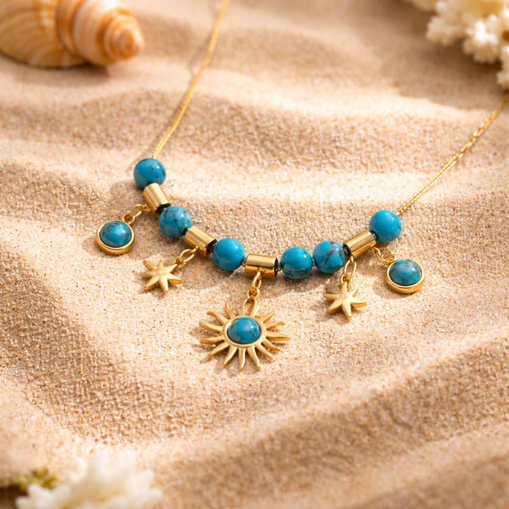 18K Gold Plated Turquoise Sun & Star Charm Necklace