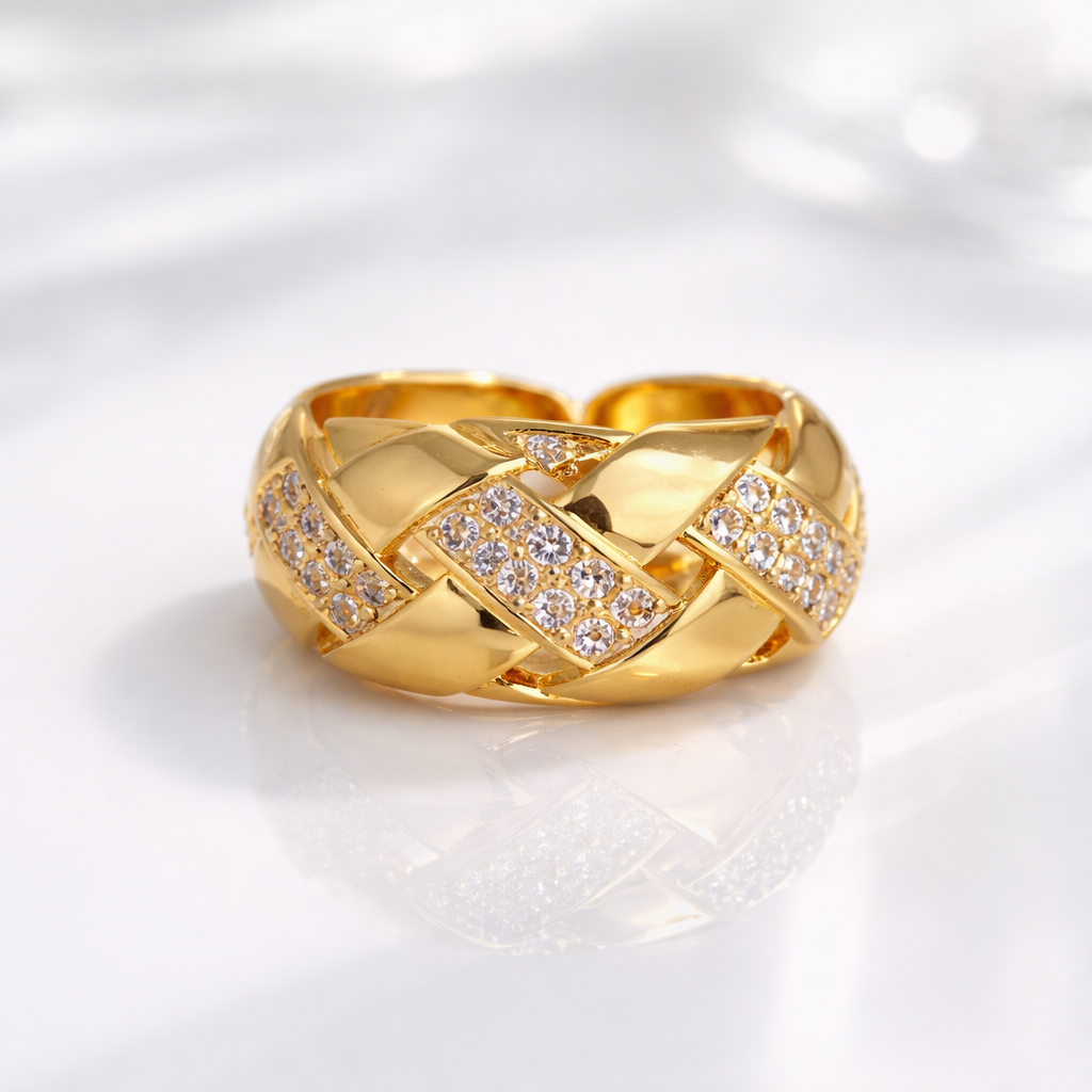 18K Gold Plated Luxe Interlock Crystal Adjustable Ring