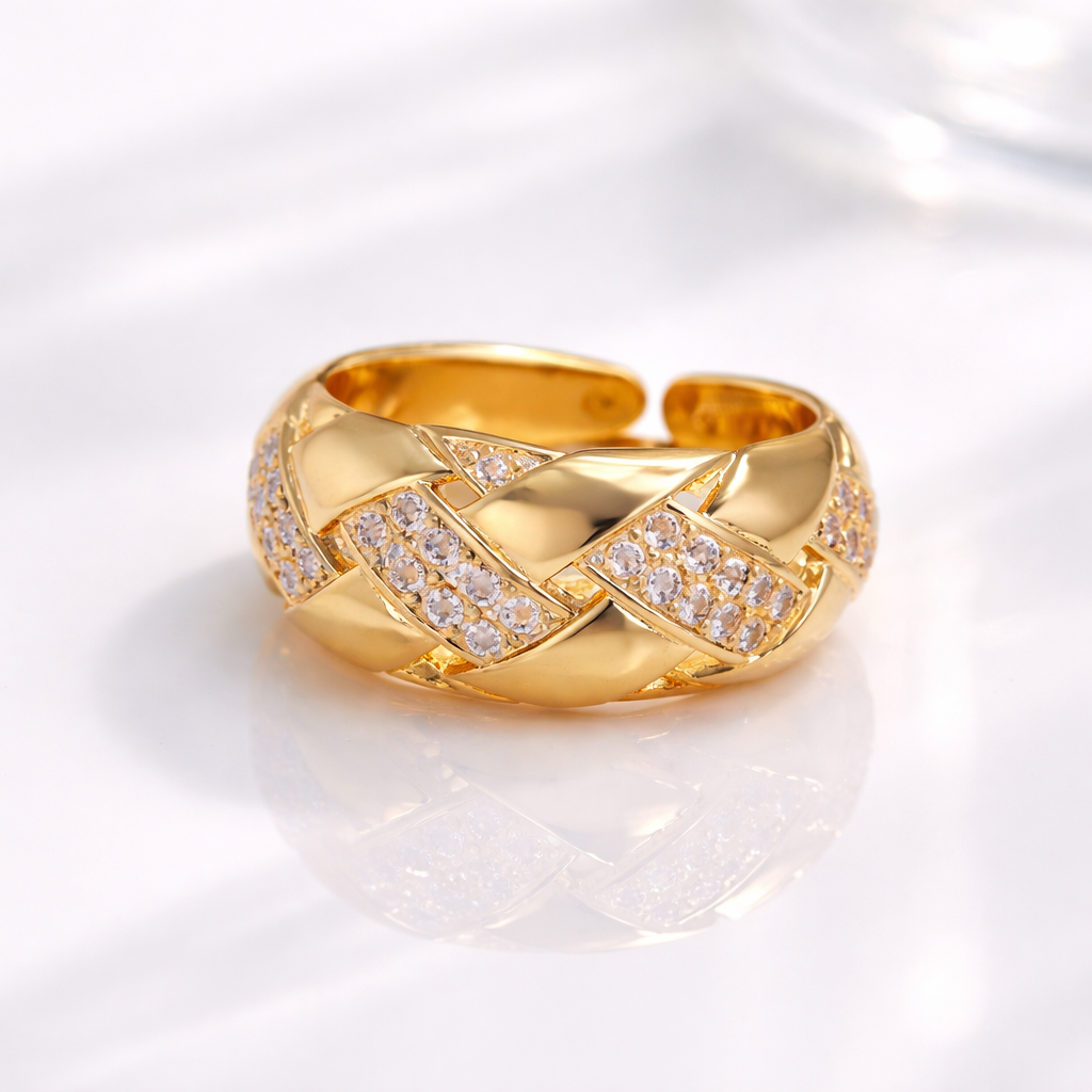 18K Gold Plated Luxe Interlock Crystal Adjustable Ring