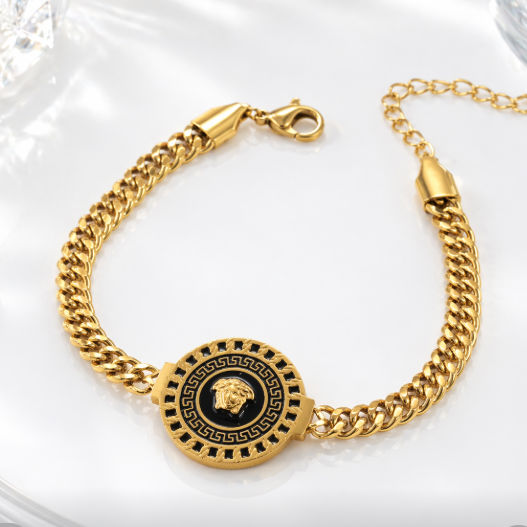 Vintage Style Gold Chain Bracelet with Black Enamel Medallion