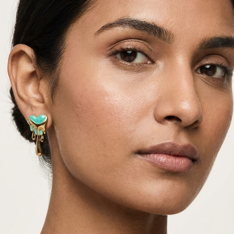 Turquoise Enamel Melted Heart Statement Earrings