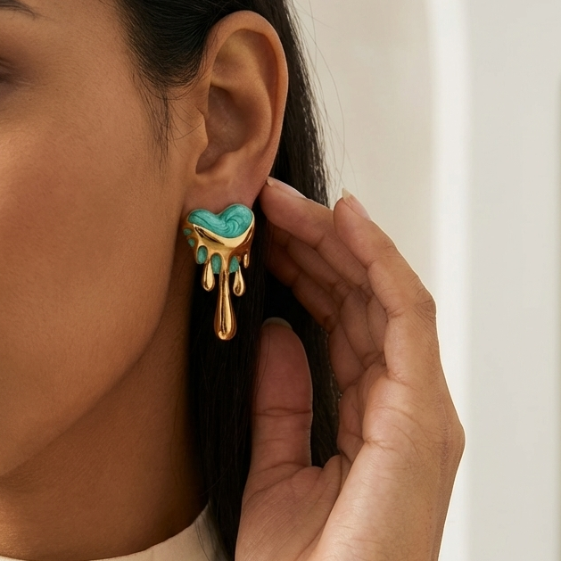 Turquoise Enamel Melted Heart Statement Earrings