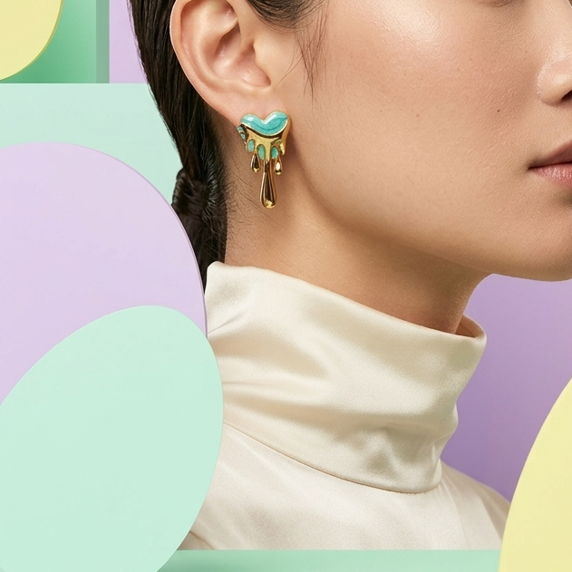 Turquoise Enamel Melted Heart Statement Earrings