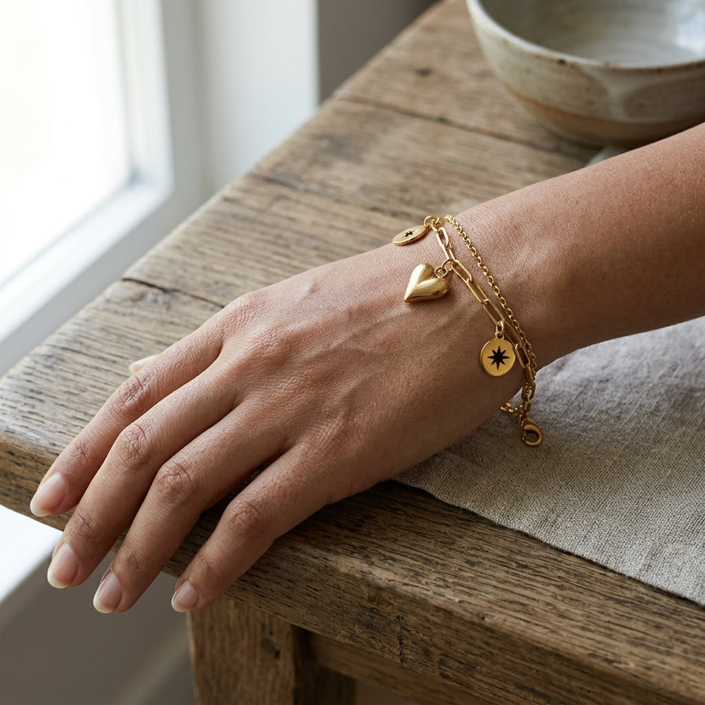 Heart & Star Charms Layered Chain Bracelet