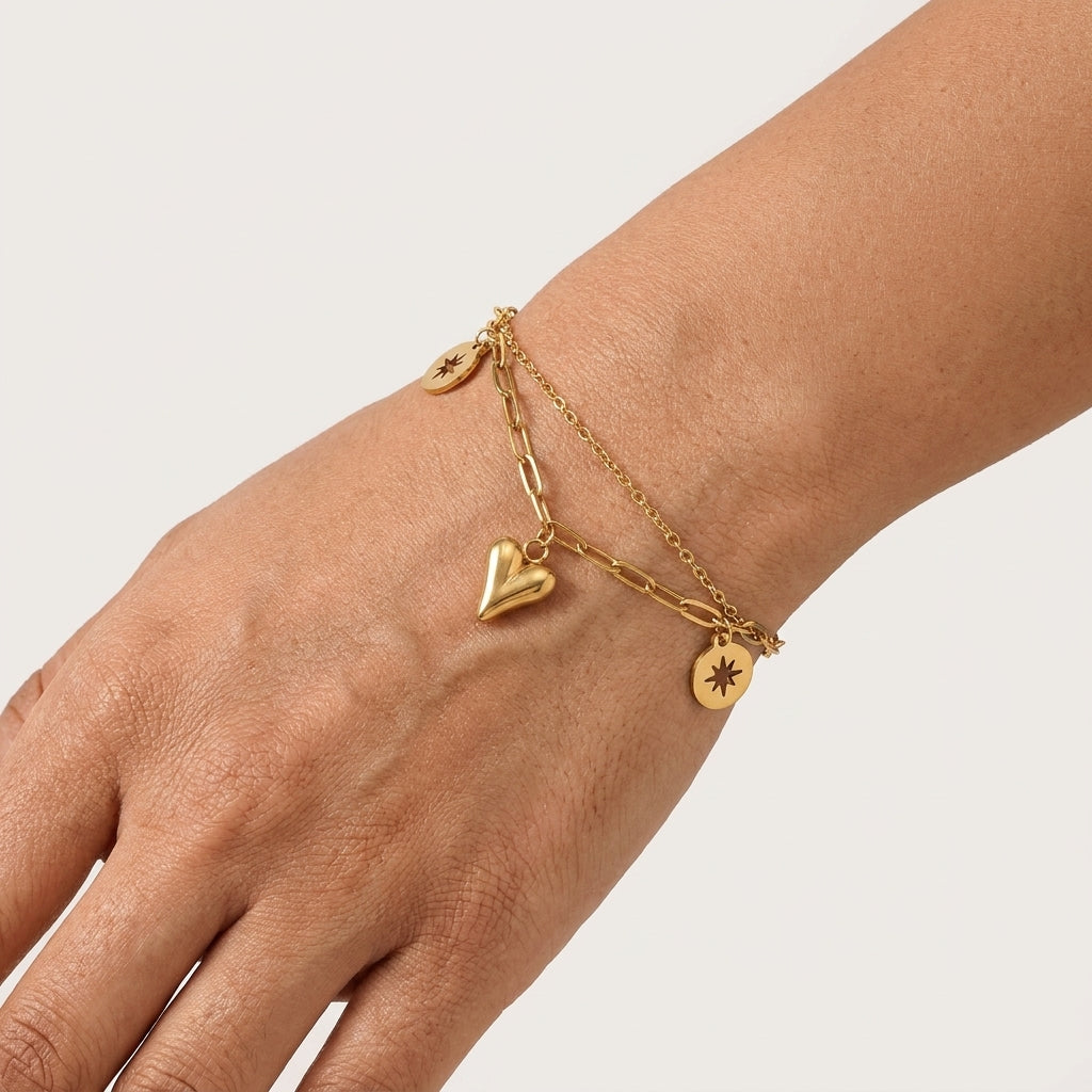 Heart & Star Charms Layered Chain Bracelet