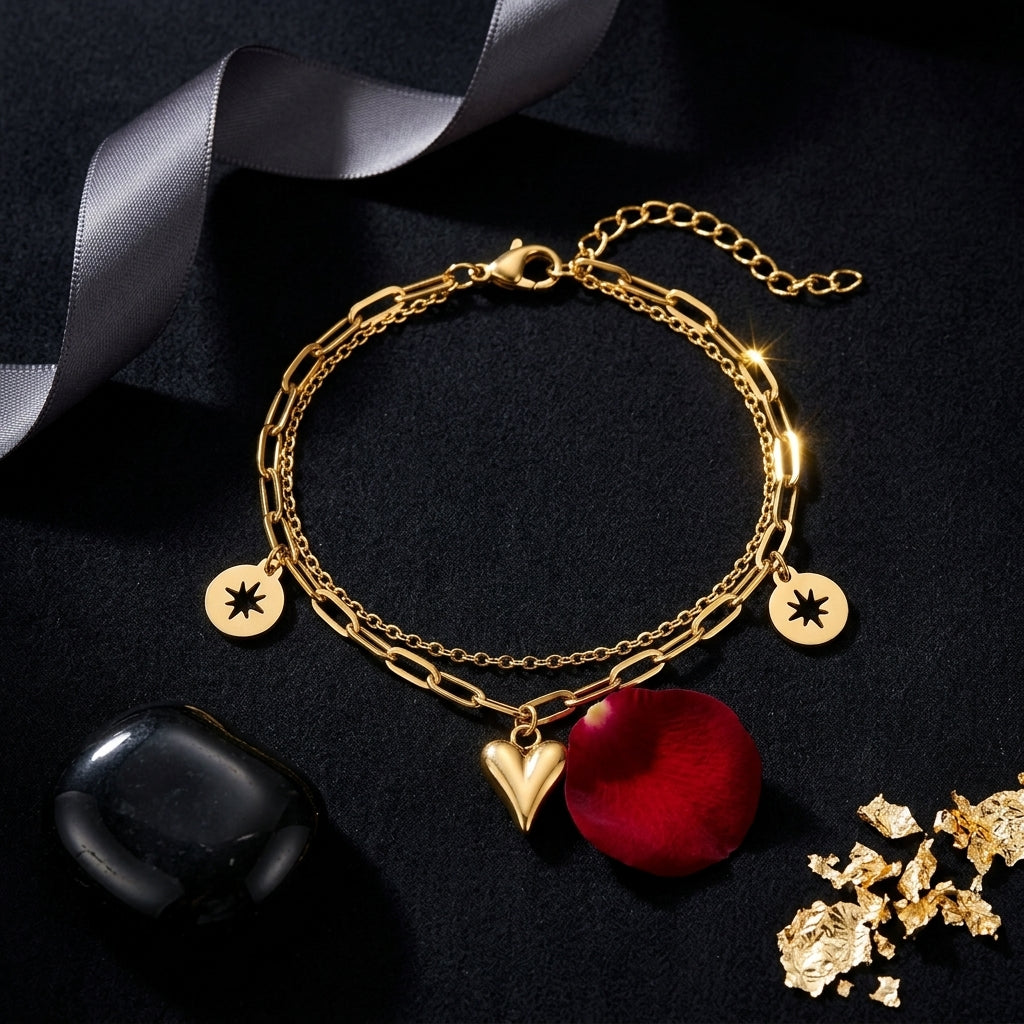 Heart & Star Charms Layered Chain Bracelet