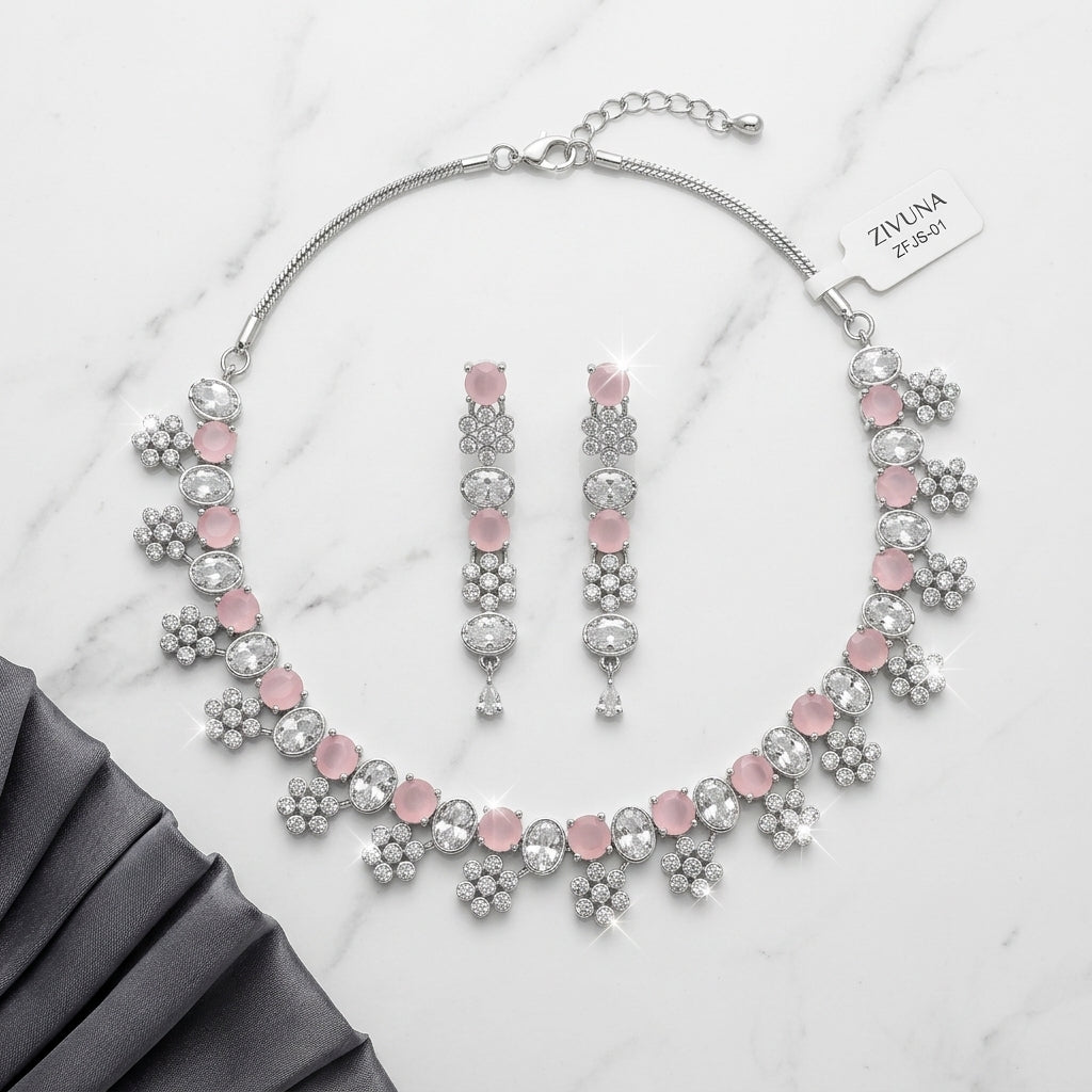 Blush Pink Crystal Floral Necklace Set