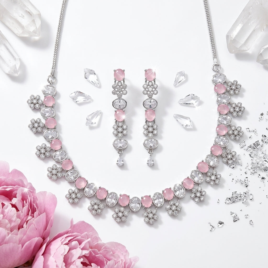 Blush Pink Crystal Floral Necklace Set