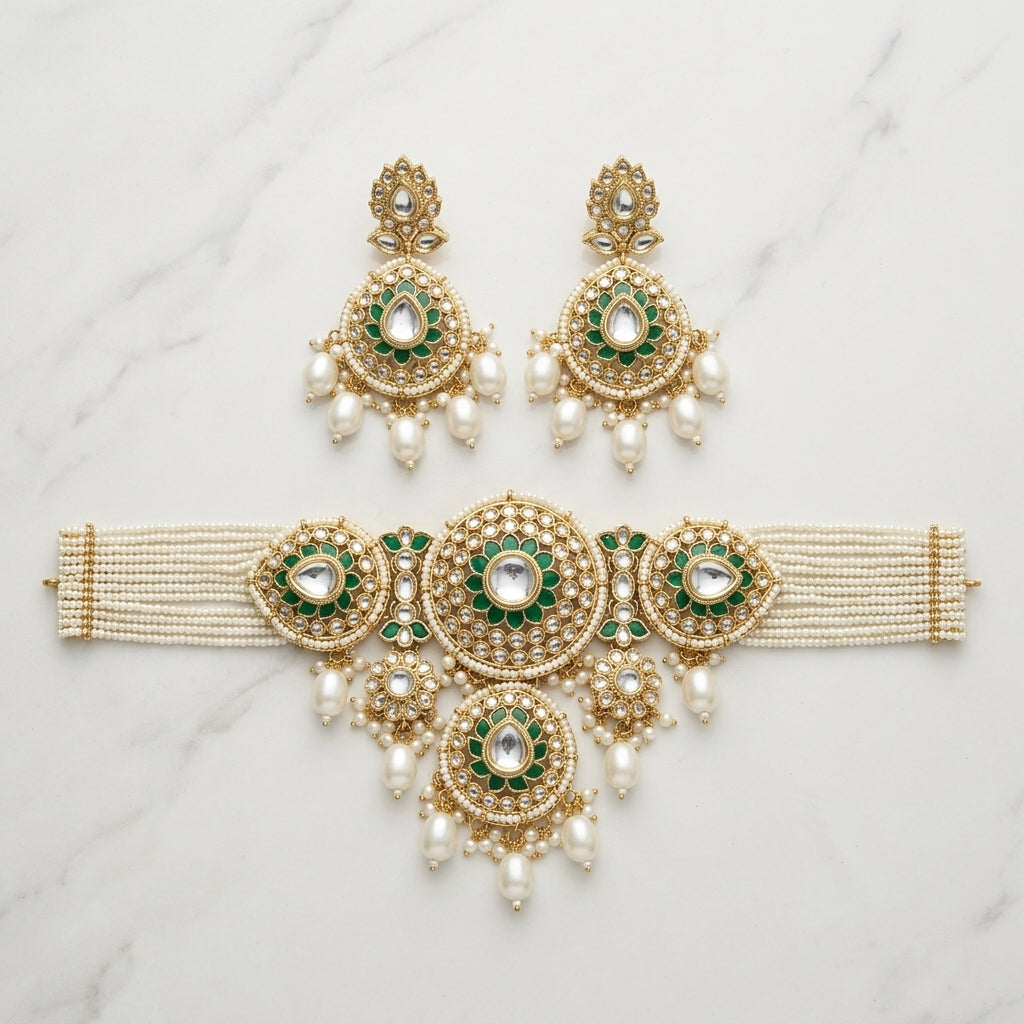 Emerald Kundan Pearl Choker Set