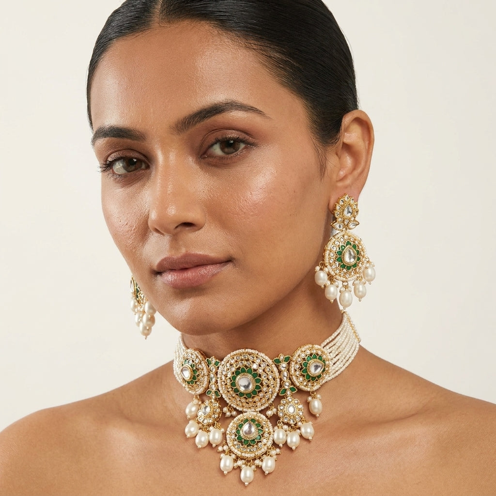 Emerald Kundan Pearl Choker Set