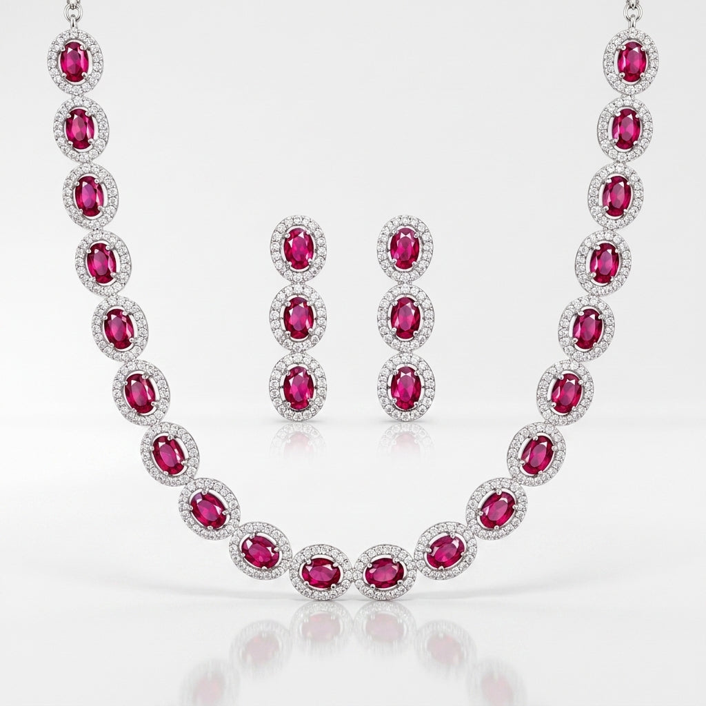 Ruby Red Halo Crystal Necklace Set