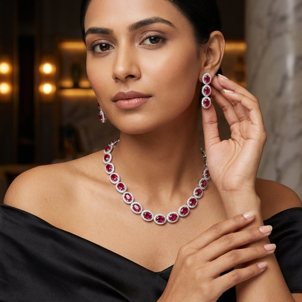 Ruby Red Halo Crystal Necklace Set