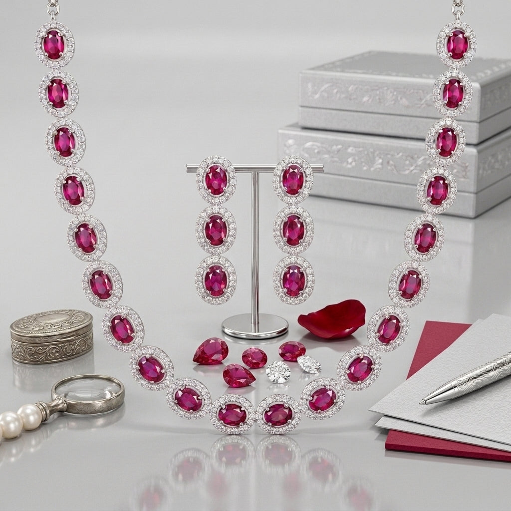 Ruby Red Halo Crystal Necklace Set