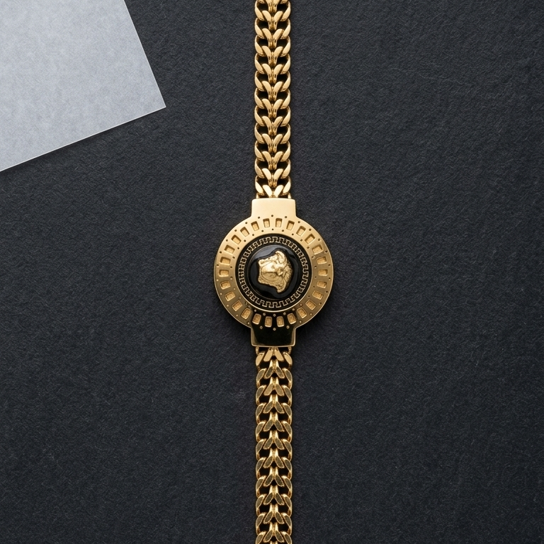 Vintage Style Gold Chain Bracelet with Black Enamel Medallion