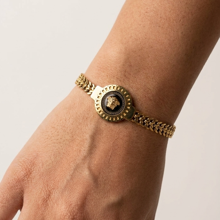 Vintage Style Gold Chain Bracelet with Black Enamel Medallion