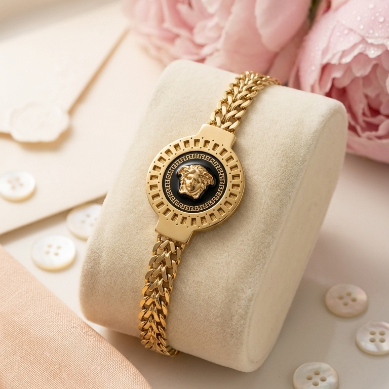 Vintage Style Gold Chain Bracelet with Black Enamel Medallion