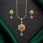 Floral Hexagon Pendant Set with Ruby Accent