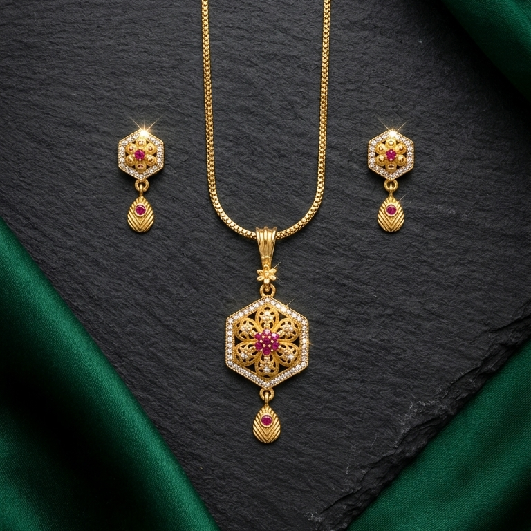 Floral Hexagon Pendant Set with Ruby Accent
