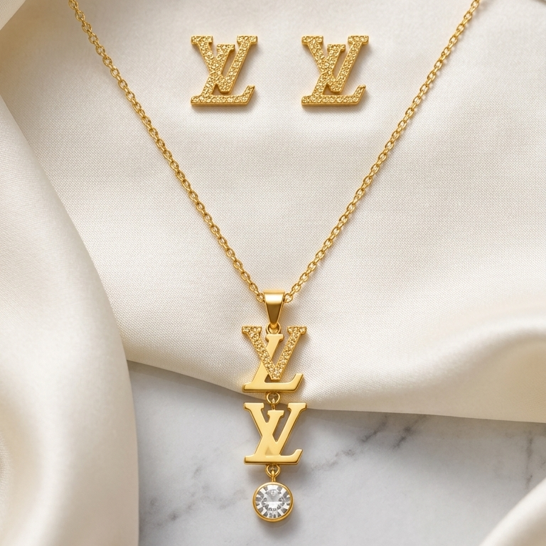 Minimal LV Pendant Necklace with Crystal Drop