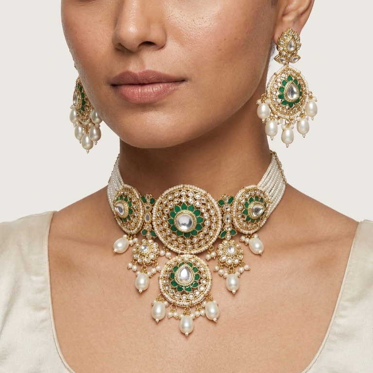 Emerald Kundan Pearl Choker Set