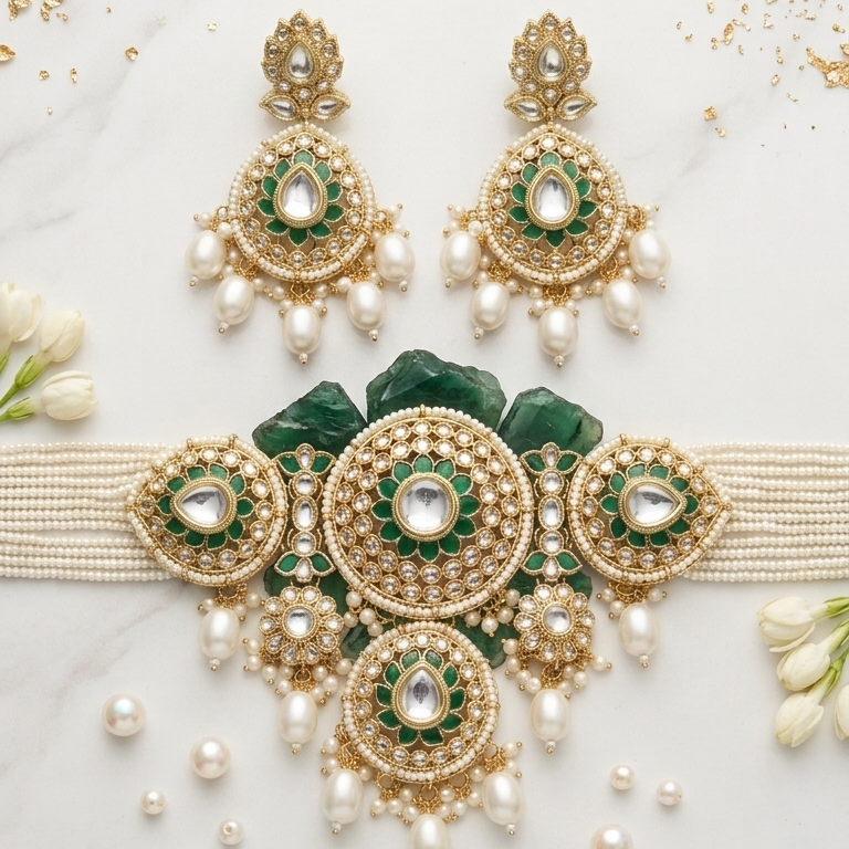 Emerald Kundan Pearl Choker Set